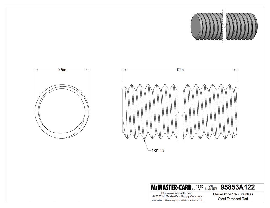 Technical Drawing of Black-Oxide 18-8 Stainless Steel Threaded Rod, 1/2"-13 Thread Size, 1 Foot Long.